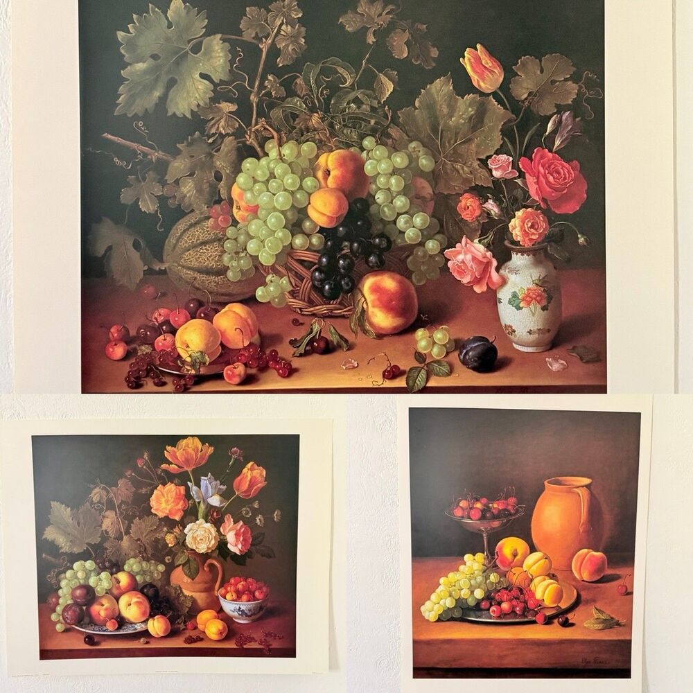 Elya Abel Peker Print Poster Lot Still Life Floral Fruit Abundant 28x23” 1991